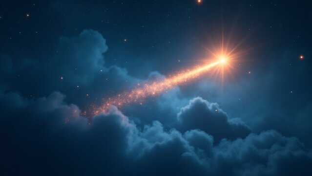 A shooting star gliding through a starry sky; constellations sparkle as glowing numbers of the New Year light up the heavens. Ethereal hues of blue, silver, and gold dominate