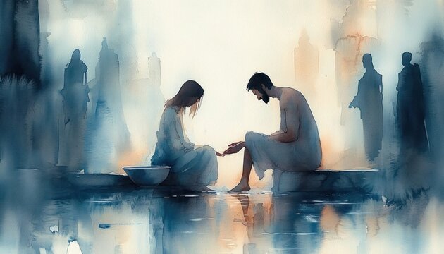 Foot Washing Jesus Christ Maundy Thursday New Testament Watercolor Spiritual Illustration