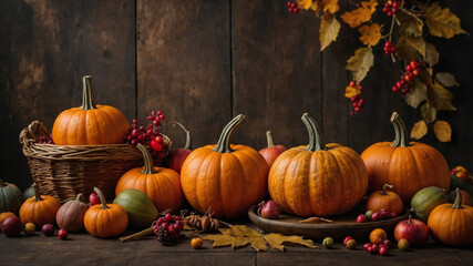 Festive Autumn Pumpkin and fruit backdrop of happy thanksgiving day. copy space for text