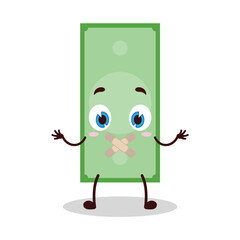 cute shut up expression of paper money cartoon character mouth closed with plaster