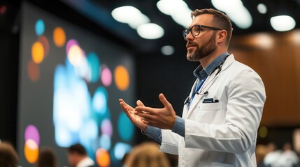 The doctor delivered a speech presentation. Professional speaker engaging audience in confe...