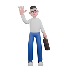 Video Editing Professional Cartoon 3D Illustration. A male video editor stands with his left hand holding a briefcase and waving his right hand. Design Character