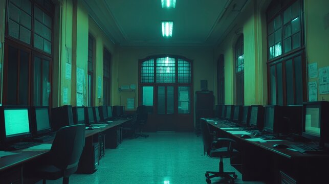 Empty Computer Lab at Night Dark Green Interior Old Building Desktops