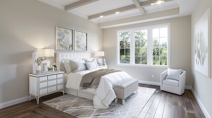 Cozy and elegant modern bedroom design featuring a bright airy and serene atmosphere with clean lines simple yet sophisticated decor and a calming tranquil ambiance