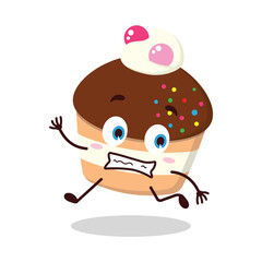 cute terrified running expression of muffin cartoon character