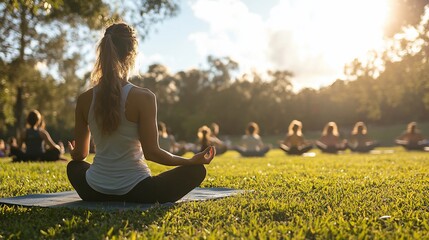 Woman meditating outdoors in a group yoga class at sunset. (1)