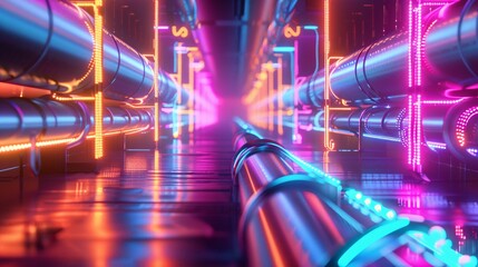 Futuristic sci fi neon lit tunnel with glowing pipes vibrant colorful lighting and striking geometric reflections  Cyberpunk inspired surreal and dynamic interior architecture design
