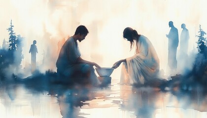 Foot Washing Ceremony Jesus Christ Maundy Holy Thursday New Testament Watercolor Illustration