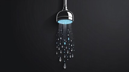 Stylish shower head design with blue water droplets illuminated against a dark background