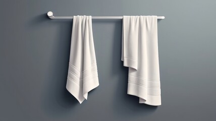Soft white towels hanging on a stylish rack against a modern gray wall in a minimalist bathroom design