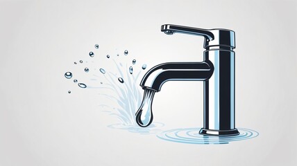 Detailed faucet design featuring flowing water and splashes against a minimalist background