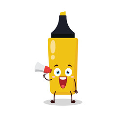 cute happy expression of yellow highlighter cartoon character carry megaphone