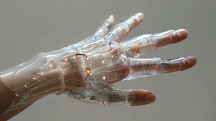 Robotic Cyborg Hand with Futuristic Technology Interface Symbolizing Intelligence and Advancements in Medical Engineering