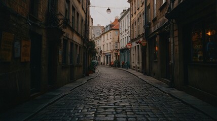 Obraz premium Charming cobblestone street lined with quaint buildings and rustic lights in a historical neighborhood during evening glow