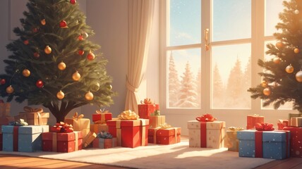 Obraz premium Christmas atmosphere with decorated trees and gifts in a cozy room during winter sunlight
