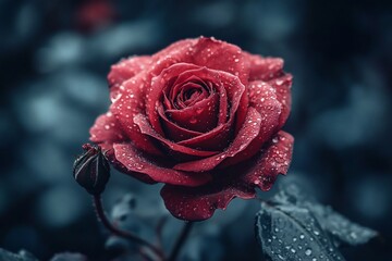 Close-up of a single, dark red rose with water droplets, blurred background.