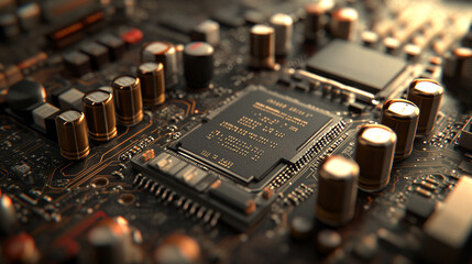 Close-up view of a detailed circuit board showcasing intricate electronic components