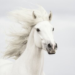 Obraz premium Majestic White Horse with Flowing Mane Against Soft Grey Background