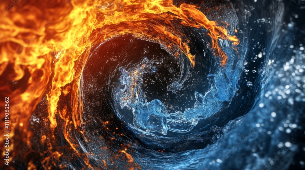Aufkleber Dynamic Swirl of Fire and Water Elements in Abstract Design