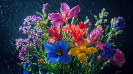 Fresh and Colorful Bouquet of Flowers in Gentle Rainfall Setting