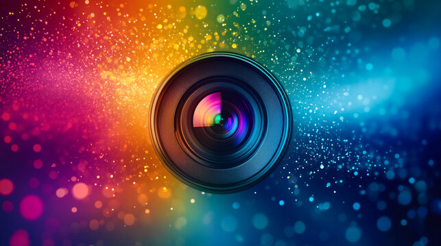 Colorful camera lens surrounded by vibrant light particles and bokeh effects