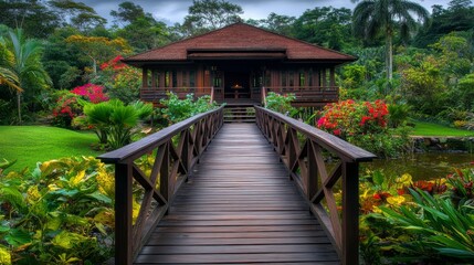 Fototapeta premium Wooden Bridge Leading to Tropical House Surrounded by Lush Plants