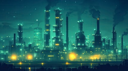 Nighttime Industrial Cityscape Refinery Factories and City Lights