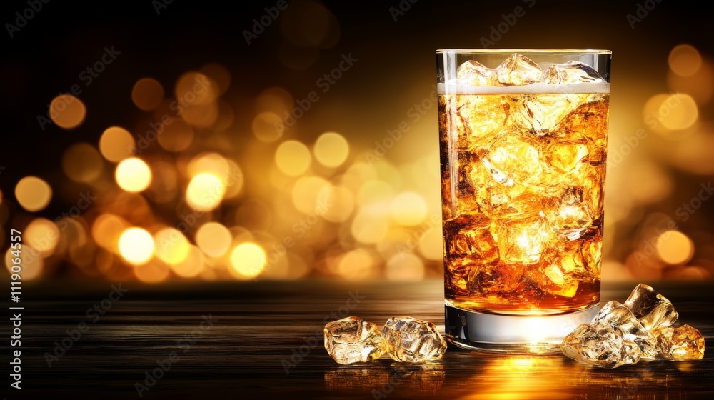 Poster Refreshing Glass of Sparkling Beverage with Ice on Wooden Table