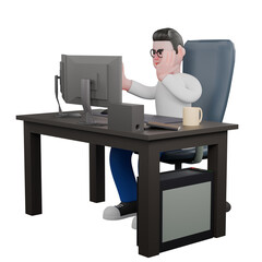 Cartoon Character 3D Model Video Editor Design. A male video editor sits on a computer on a table, his left hand on his cheek, a look of focus. Professional Illustration