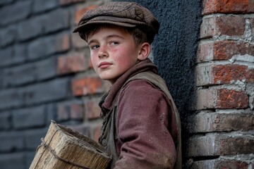 A young chimney sweep diligently at work, showcasing traditional craftsmanship