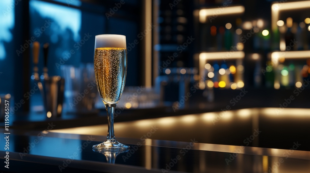 Poster Sparkling Champagne Glass on Elegant Bar Counter in Soft Lighting