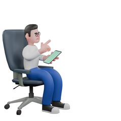 Video Editor in Cartoon Style 3D Model Illustration. A male video editor sits on a chair with his left hand holding a cellphone and his right hand pointing in a certain direction. Design Character