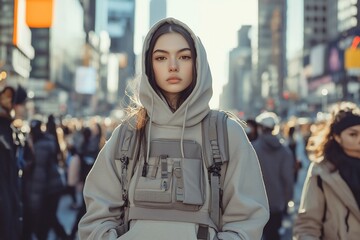 Fototapeta premium Young woman in hoodie and backpack stands in crowded city street.
