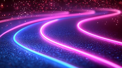 Abstract glowing neon light trails on dark textured background.