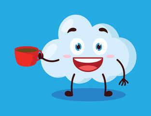 cute cheerful expression of cloud cartoon character carry cup of coffee