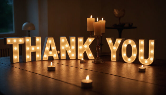 Illuminated "Thank You" sign with candles for gratitude and appreciation in a cozy setting