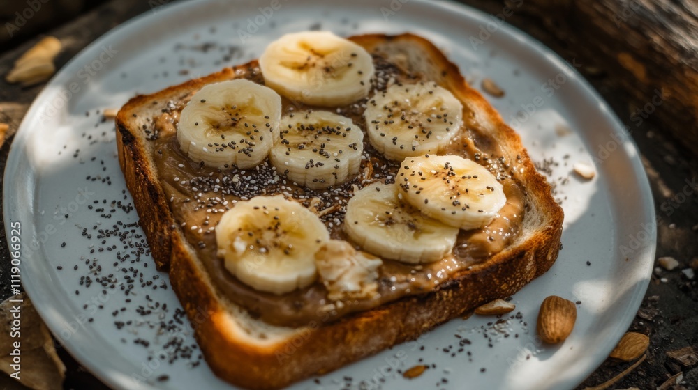 Aufkleber toast with peanut butter and banana slices on a rustic plate