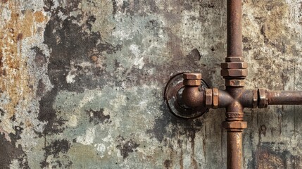 Rusty metal pipes against weathered concrete wall for industrial background