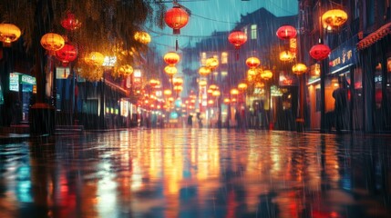 Obraz premium Lantern Festival Vibrant lantern-lit street in rainy night scene