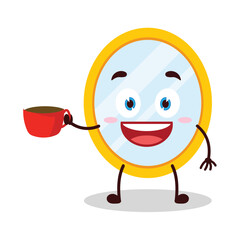 cute cheerful expression of mirror cartoon character carry cup of coffee
