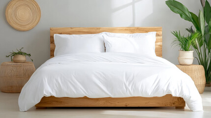 A cozy bedroom featuring wooden bed frame with white duvet, surrounded by greenery and natural decor. serene atmosphere invites relaxation and comfort