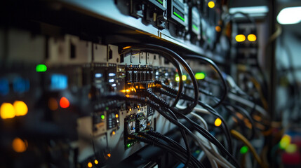 Naklejka premium Exploring the intricate wiring of modern server racks in a data center environment
