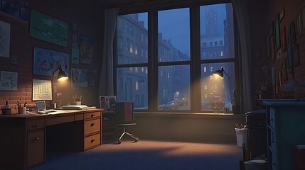 A Desk Facing a Window with City Views at Dusk