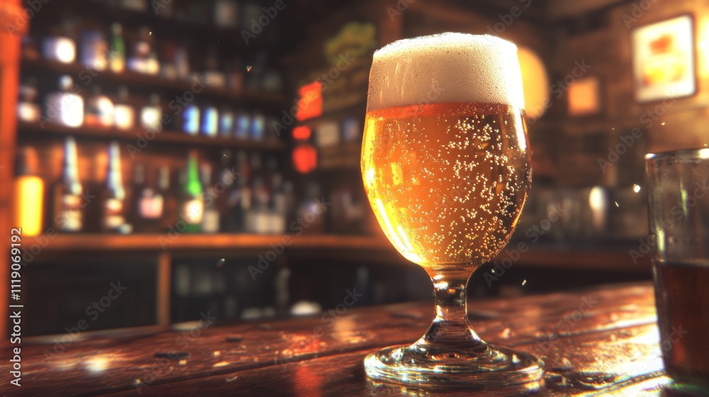 Poster Refreshing Cold Beer in a Glass with Foamy Head in Bar Setting