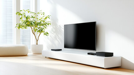 Modern living room with sleek television setup, featuring minimalist design and potted plant, creating serene and stylish atmosphere