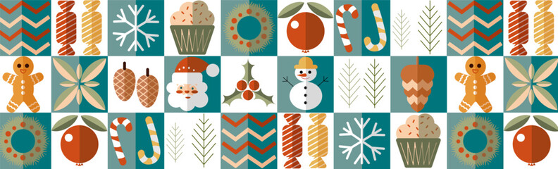 Christmas abstraction Bauhaus.Seamless pattern Merry Christmas and Happy New Year Bauhaus. Mosaic and Scandinavian style.