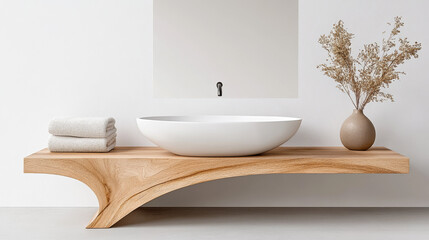 A modern bathroom scene featuring sleek wooden vanity with white bowl sink, neatly arranged towels, and decorative vase with dried flowers, creating serene atmosphere