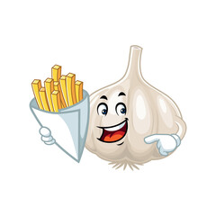 Happy Garlic Cartoon Character Holding French Fries.