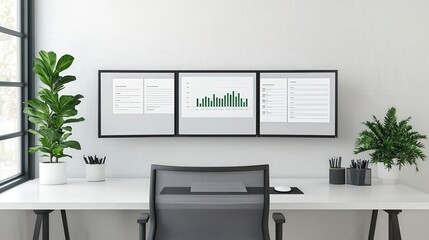 Hybrid office setup, dual monitors showcasing a slide deck, 3D illustration