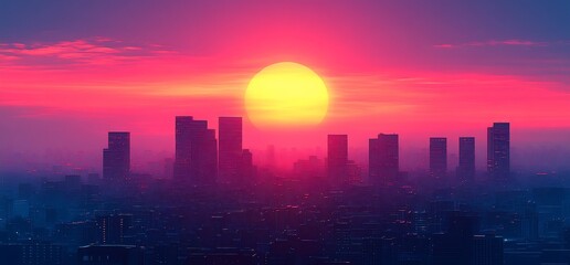 Vibrant sunset over a hazy city skyline, showcasing skyscrapers silhouetted against a large, yellow-orange sun.